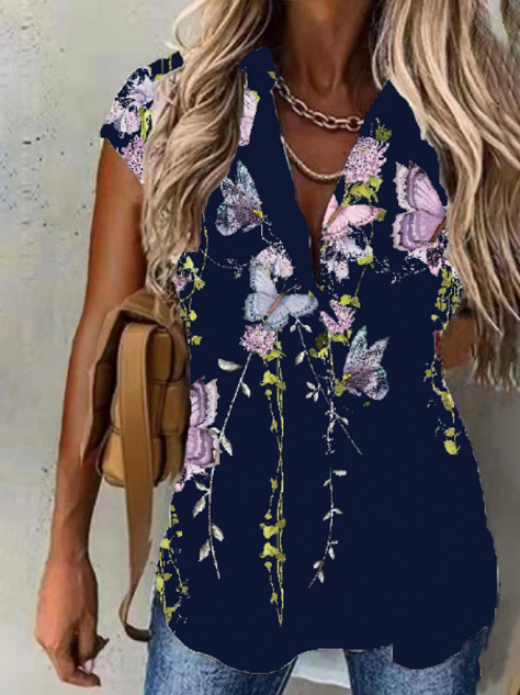 JFN Collar Floral Vacation Blouse