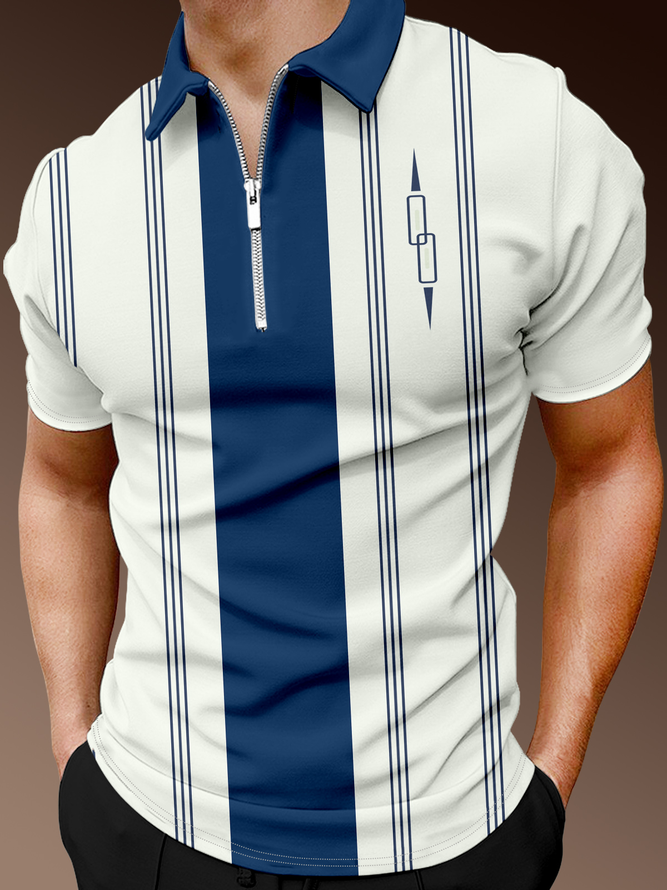 Casual Art Collection Striped Geometric Lapel Short Sleeve Polo Print Top