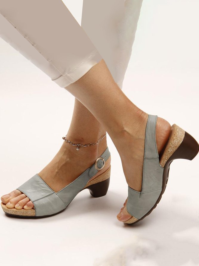 JFN Retro Solid Simple Open Toe Chunky Heel Sandals