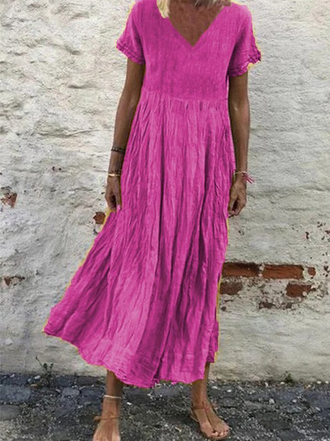 Plain Cotton-Blend V Neck Short Sleeve Weaving Dress