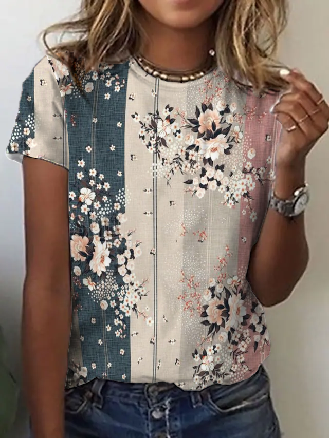 JFN Crew Neck Floral Casual T-Shirt/Tee