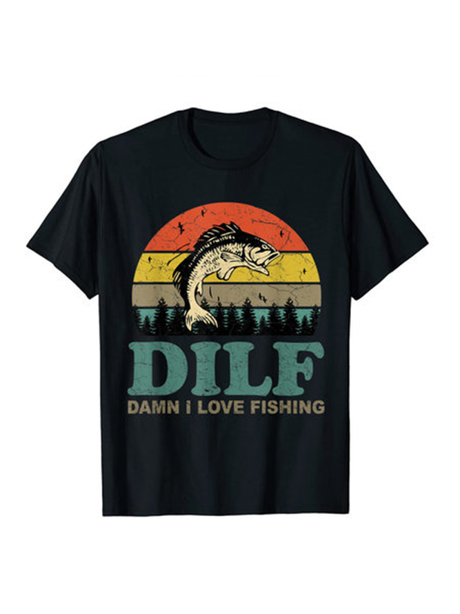 Casual Style DILF-Damn I Love Fishing Print Men's Short Sleeve T-Shirt