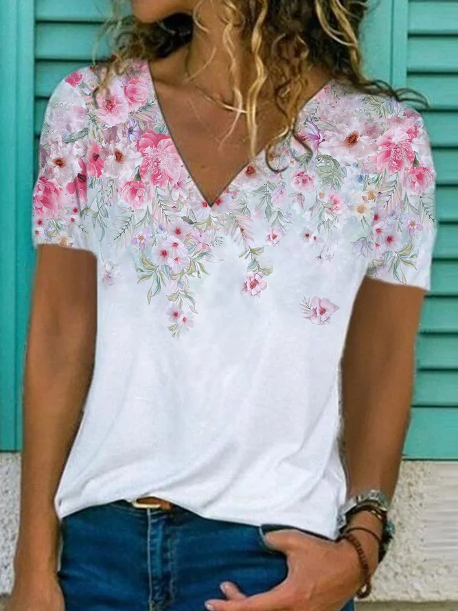 JFN V Neck Floral Causal T-Shirt/Tee 