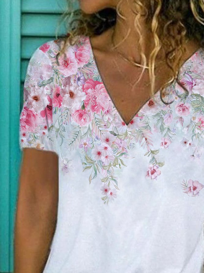 JFN V Neck Floral Causal T-Shirt/Tee 