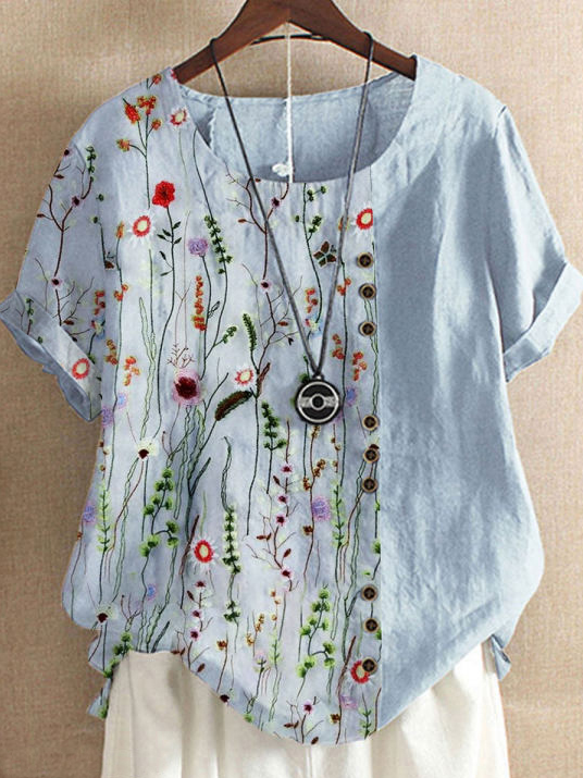 JFN Round Neck Floral Buttoned Casual Blouse