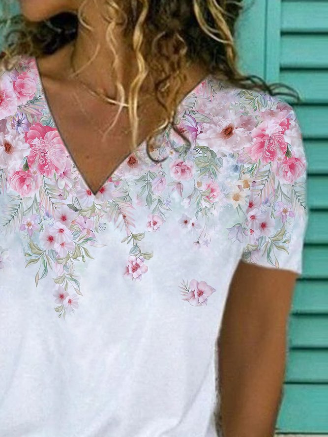 JFN V Neck Floral Causal T-Shirt/Tee 