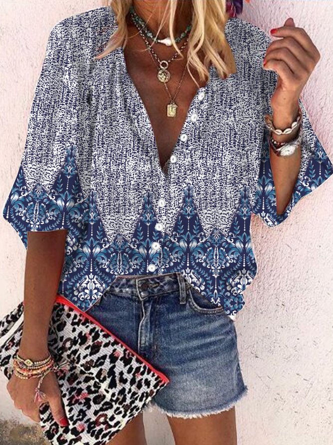 Tribal feelings, folk customs, changing color, nail button loose shirt Plus Size