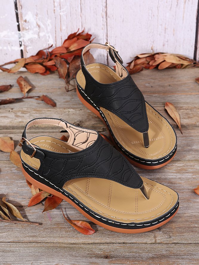 JFN  Embroidered Wave Pattern Vintage Casual Thong Sandals