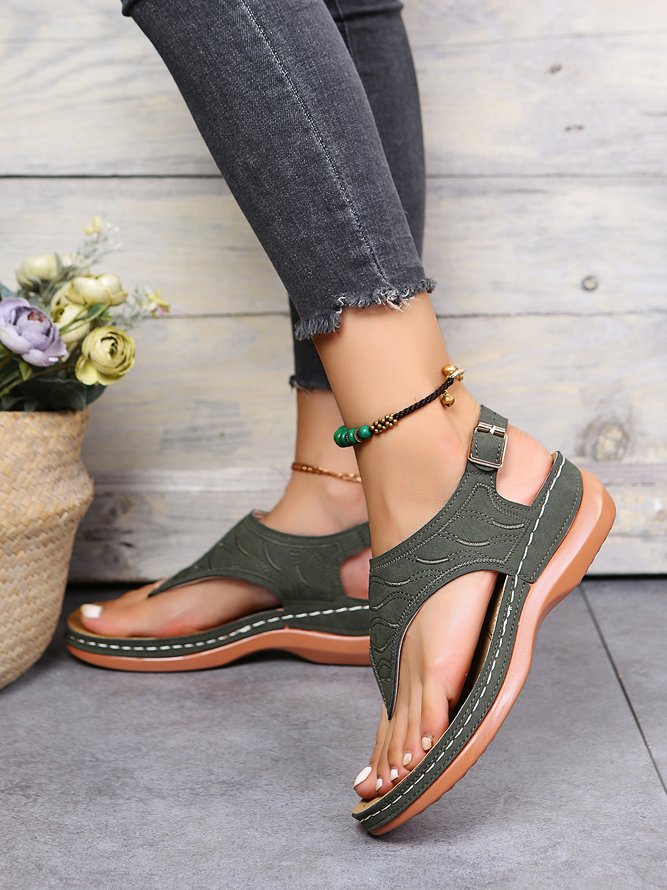 JFN  Embroidered Wave Pattern Vintage Casual Thong Sandals