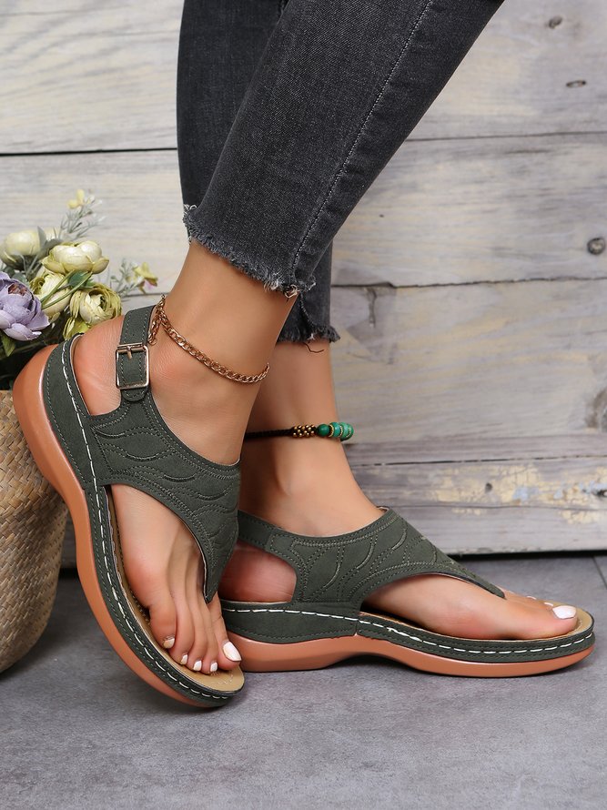 JFN  Embroidered Wave Pattern Vintage Casual Thong Sandals