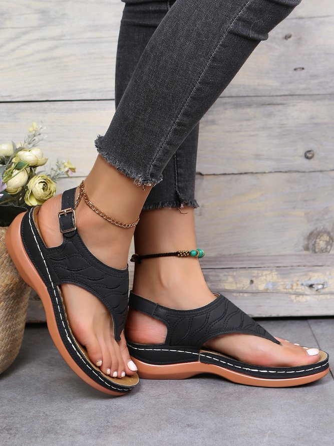 JFN  Embroidered Wave Pattern Vintage Casual Thong Sandals