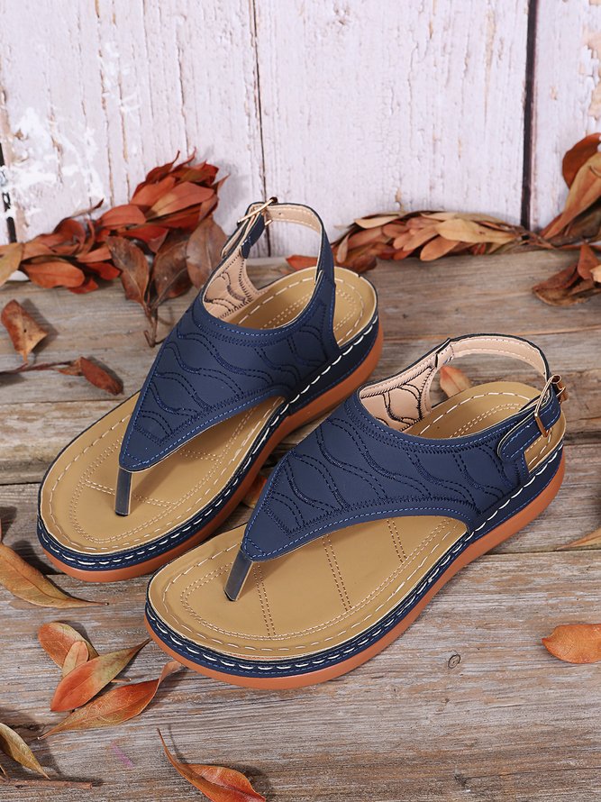 JFN  Embroidered Wave Pattern Vintage Casual Thong Sandals