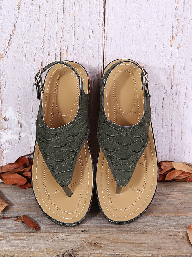 JFN  Embroidered Wave Pattern Vintage Casual Thong Sandals