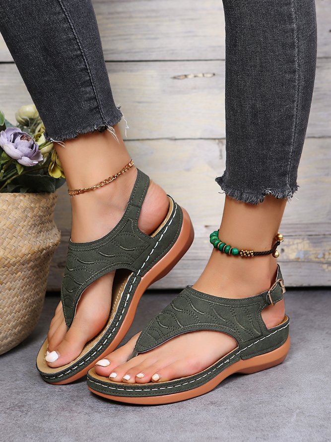 JFN  Embroidered Wave Pattern Vintage Casual Thong Sandals