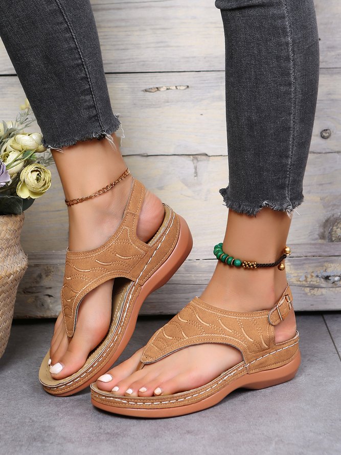 JFN  Embroidered Wave Pattern Vintage Casual Thong Sandals