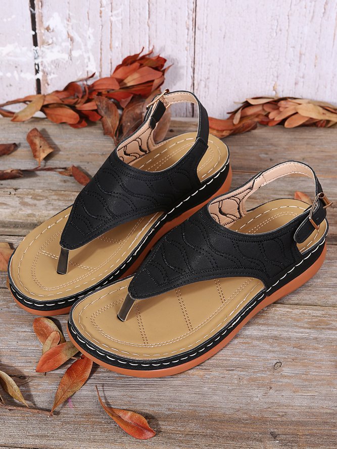 JFN  Embroidered Wave Pattern Vintage Casual Thong Sandals