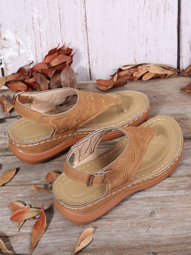 JFN  Embroidered Wave Pattern Vintage Casual Thong Sandals