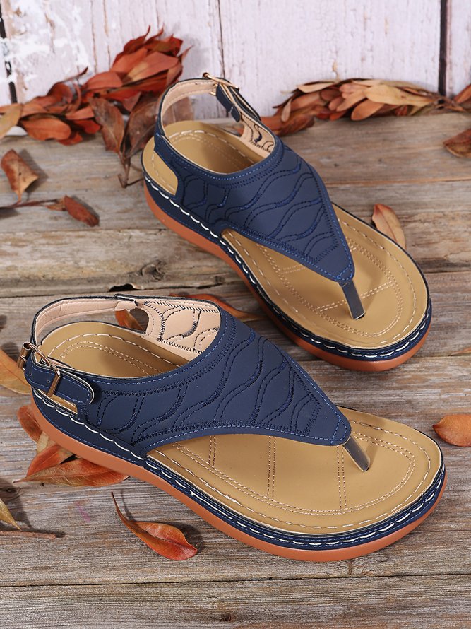 JFN  Embroidered Wave Pattern Vintage Casual Thong Sandals