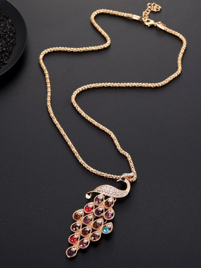JFN  Vintage Color Jeweled Peacock Necklace Sweater Chain