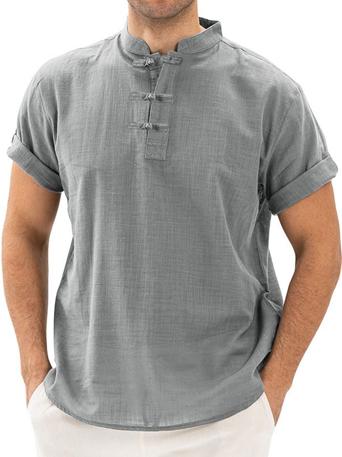 Men's Cotton Linen Henley Short Sleeve Shirt