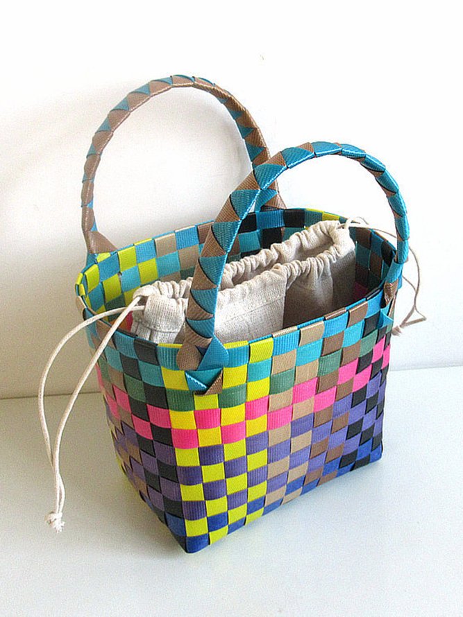 JFN  Women's Woven Plastic Vegetable Basket Small Square Bag Colorful Beach Bag