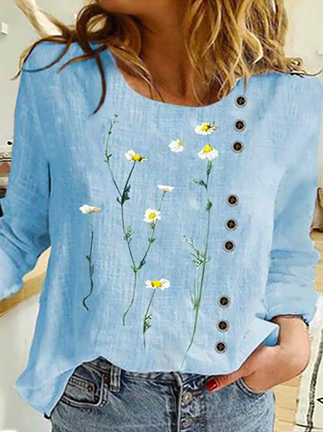 JFN Round Neck Floral Buttoned Casual T-Shirt/Tee