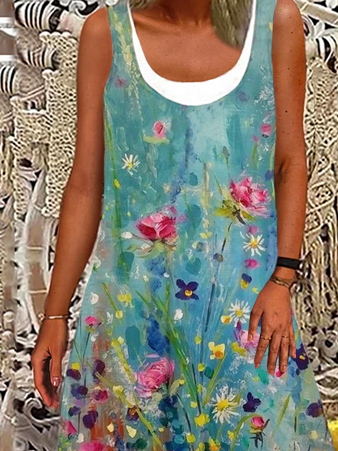 Cotton Casual Floral Short Sleeve Knitting Dress