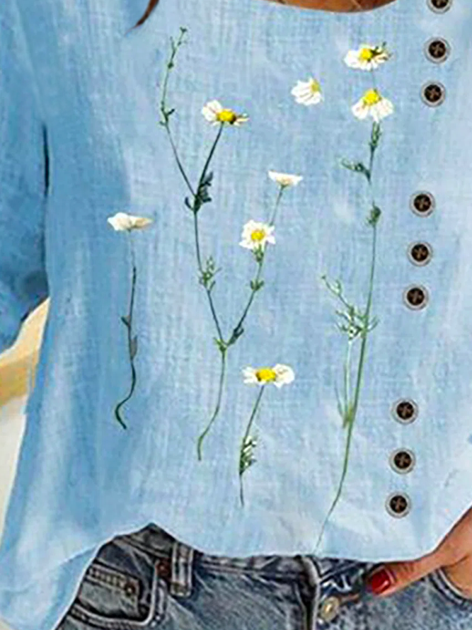JFN Round Neck Floral Buttoned Casual T-Shirt/Tee