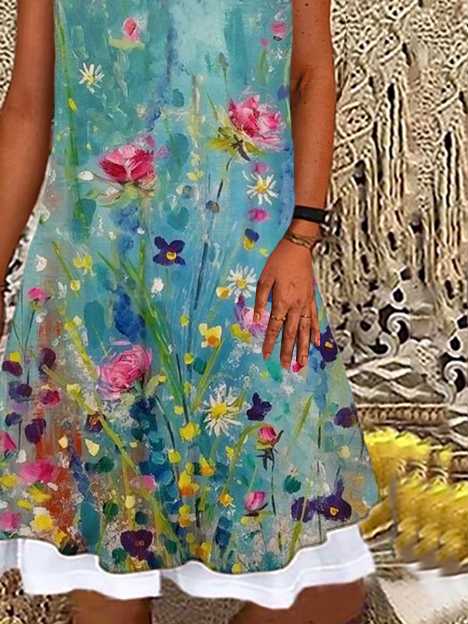 Cotton Casual Floral Short Sleeve Knitting Dress