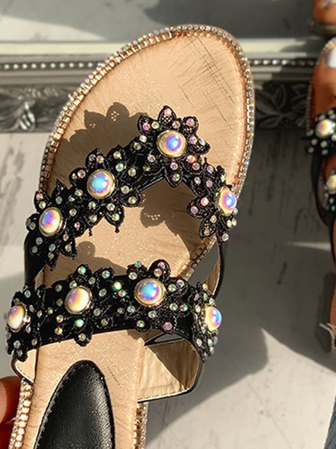 JFN  Women's Bohemian Pearl Floral Plus Size Slipper Sandals