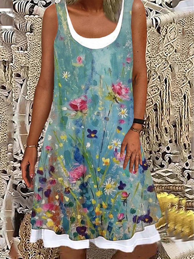 Cotton Casual Floral Short Sleeve Knitting Dress