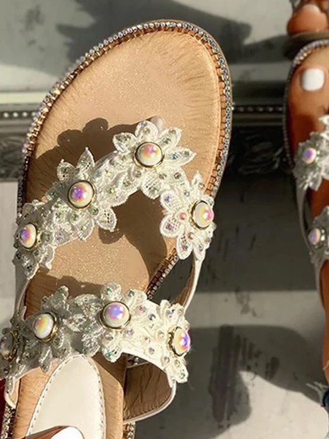 JFN  Women's Bohemian Pearl Floral Plus Size Slipper Sandals