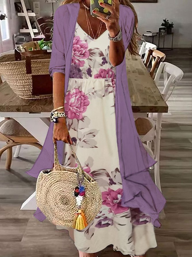 JFN 2PCS V Neck Floral Vacation Dress & Cardigan