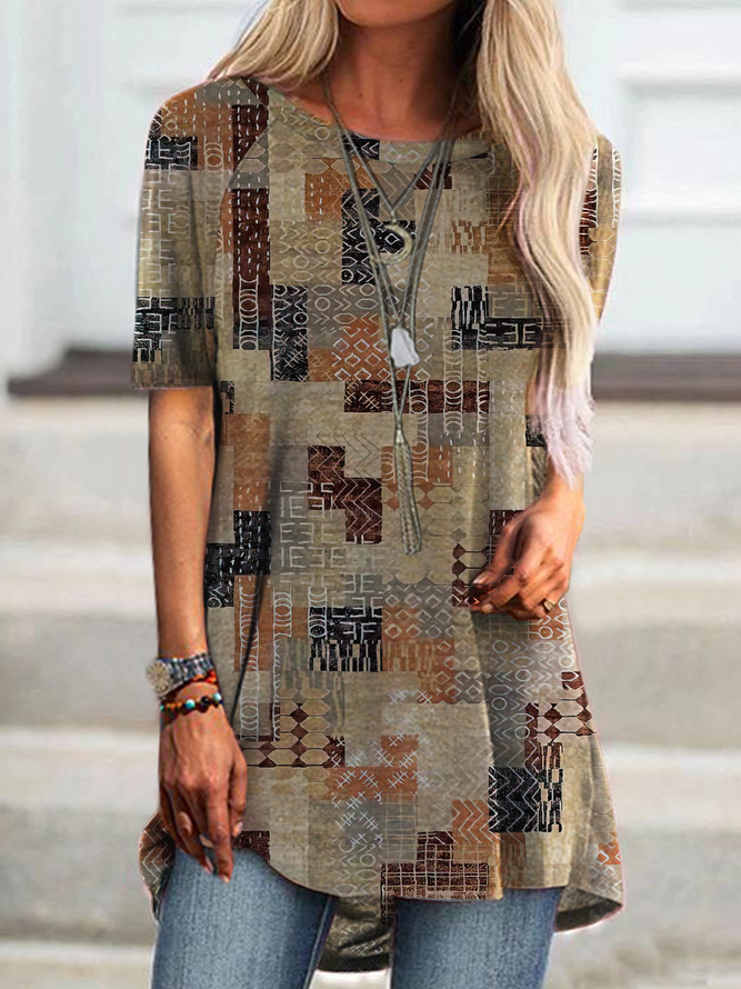 JFN Round Neck Geometric Causal Tunic Top