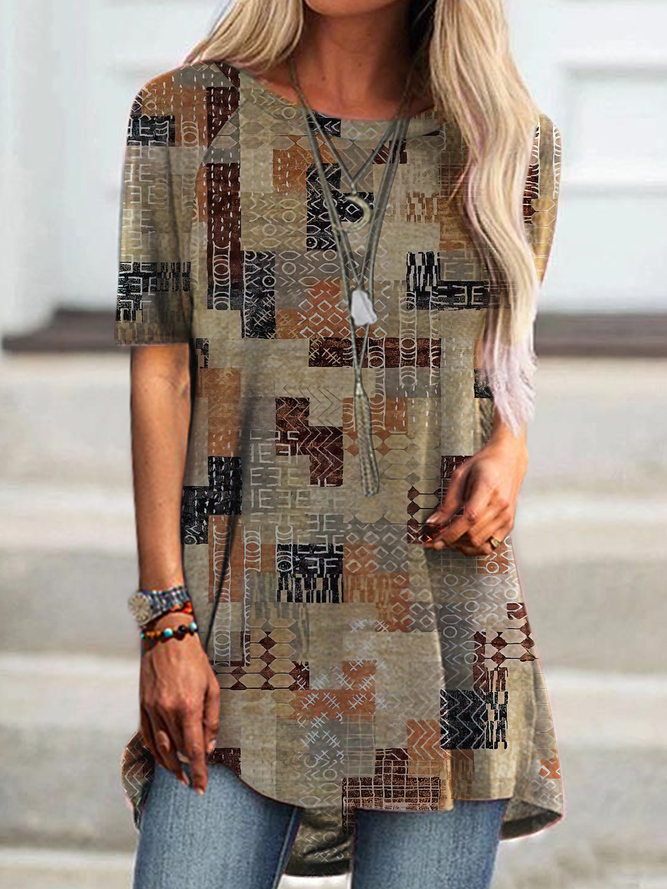 JFN Round Neck Geometric Causal Tunic Top
