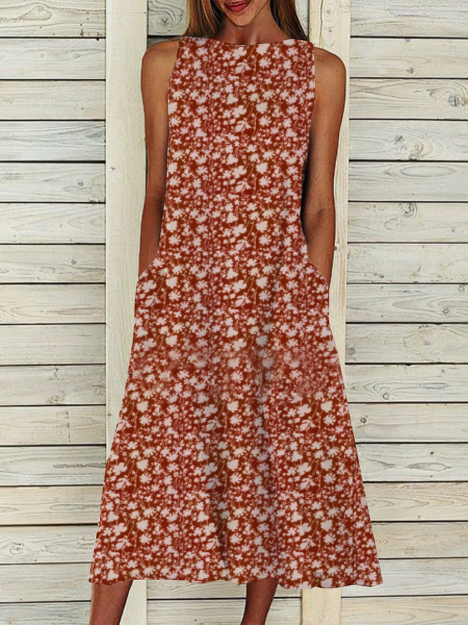 Ditsy Floral JFN Boatneck  Sleeveless Casual Midi Dresses