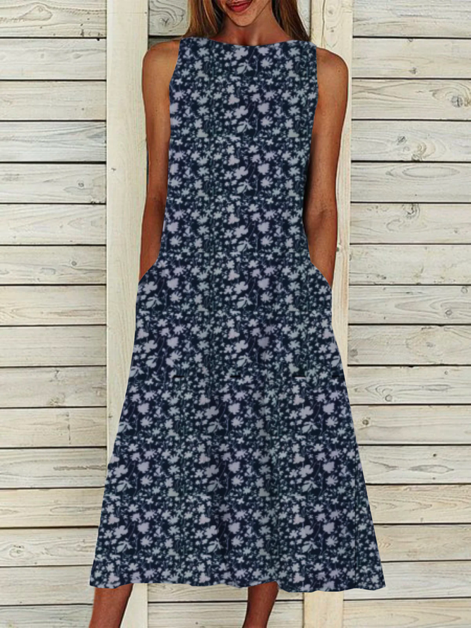 Ditsy Floral JFN Boatneck  Sleeveless Casual Midi Dresses