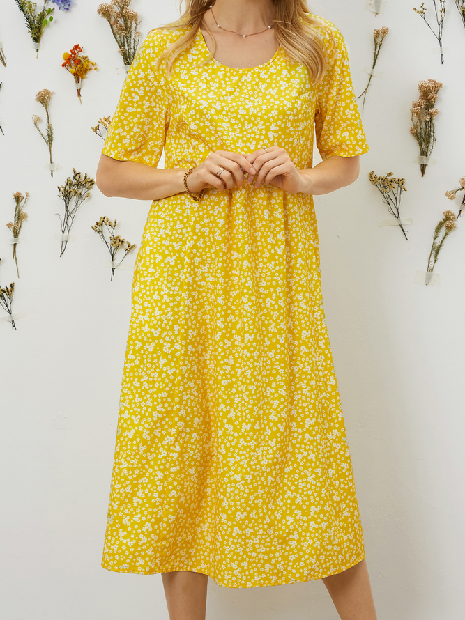 Floral Printed Crew Neck Pockets Short Sleeve Casual Midi Shirt Dress