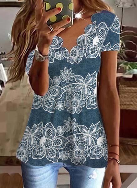 V Neck Casual Floral Long Sleeve Top