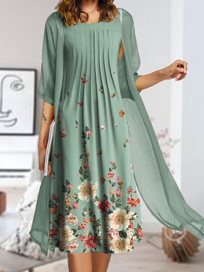 JFN Round Neck Floral Two piece Casual Midi Dresses