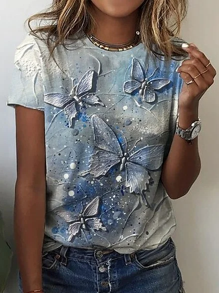 JFN Crew Neck Butterfly Ombre Vacation Casual Short Sleeve T-Shirt/Tee