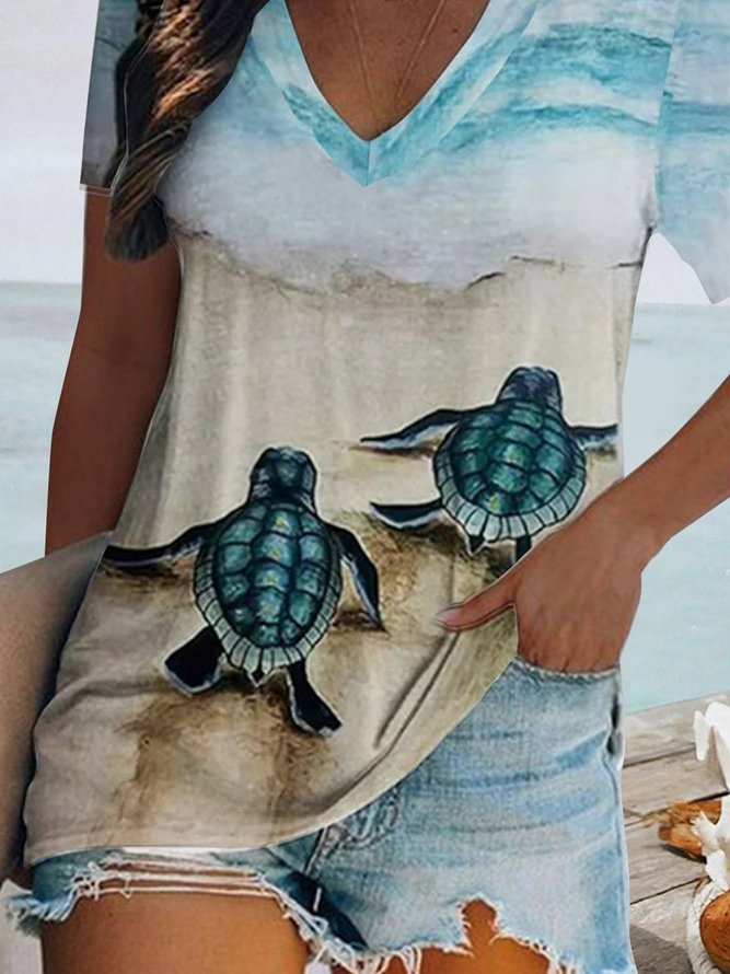 JFN V Neck Ocean Animal Vacation T-Shirt/Tee