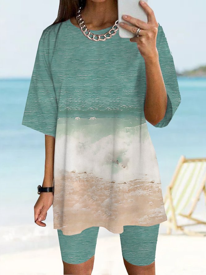 JFN Round Neck Ocean Vacation Two Pieces T-shirts/Tee & Shorts
