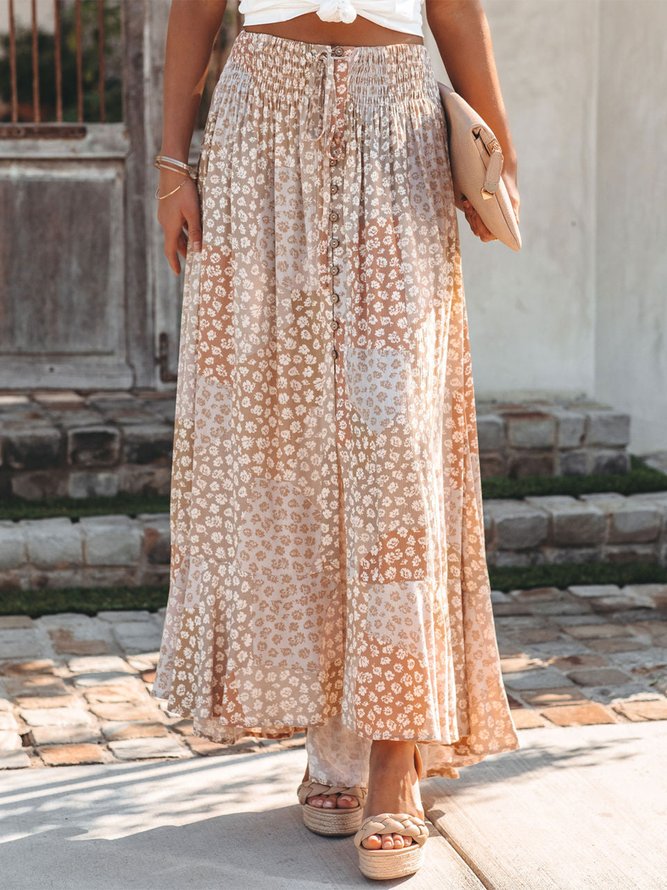 Boho Buttoned Geometric Long Skirt