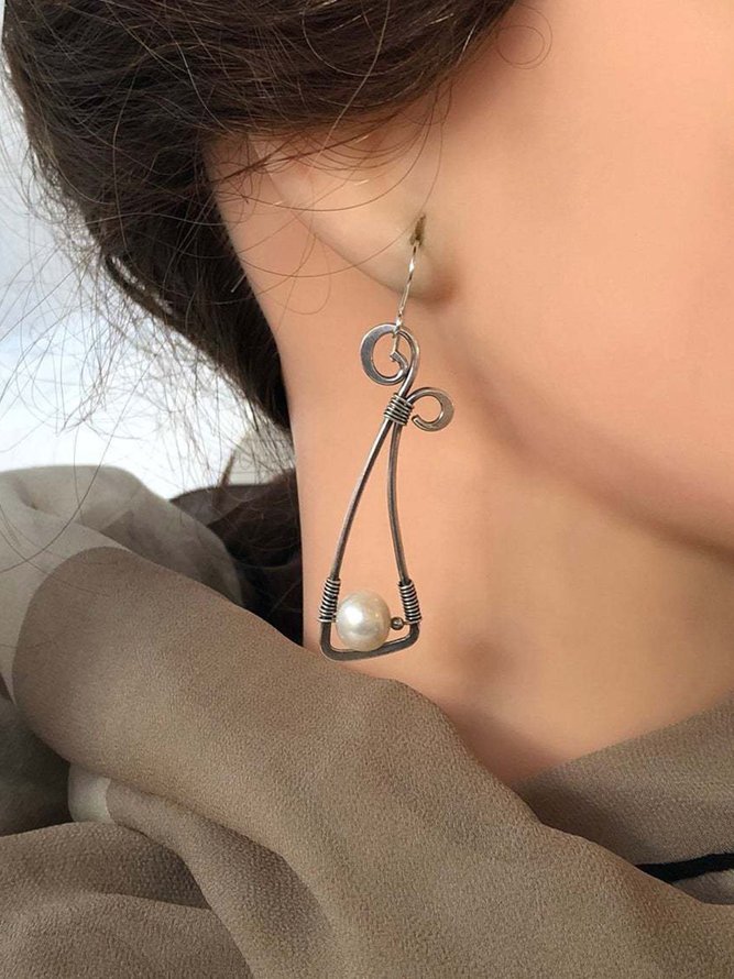 JFN  Oxidized Silver Wire Earrings with Pearl/White Pearl earrings/ Long Silver Earrings with Pearl/ Pearl Wire Earrings  Earrings