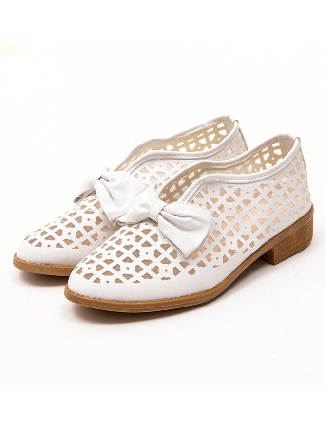 JFN  Women's Elegant Bowknot Hollow Out Chunky Heel Loafers