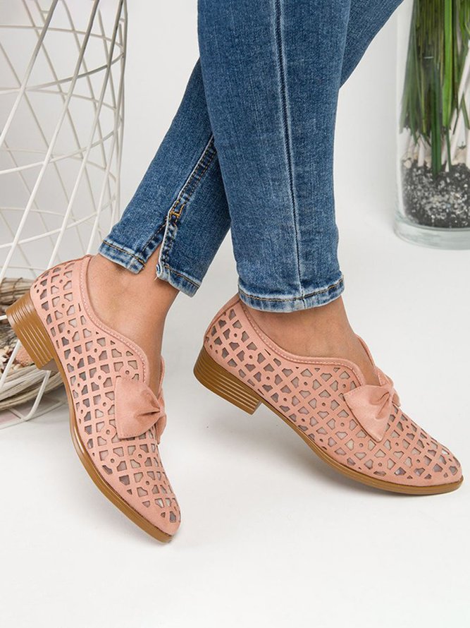 JFN  Women's Elegant Bowknot Hollow Out Chunky Heel Loafers