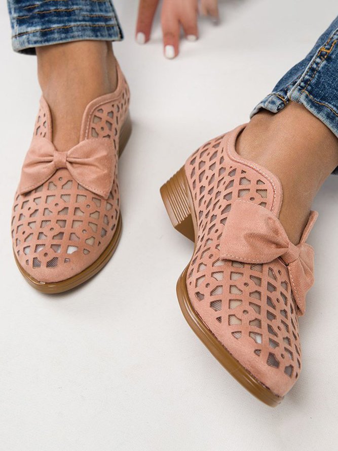 JFN  Women's Elegant Bowknot Hollow Out Chunky Heel Loafers