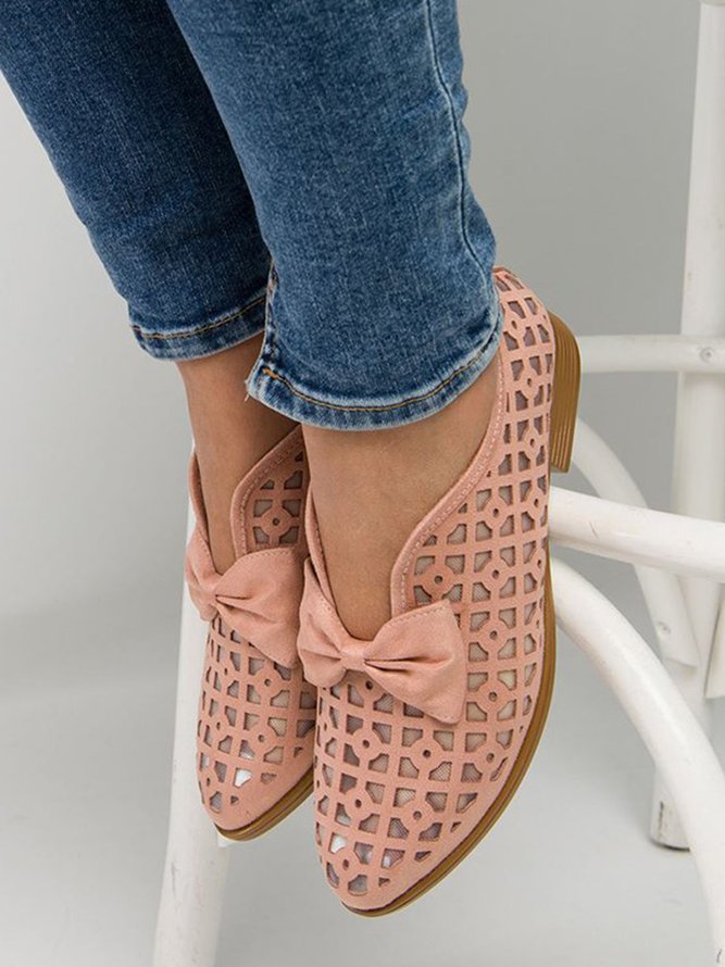 JFN  Women's Elegant Bowknot Hollow Out Chunky Heel Loafers