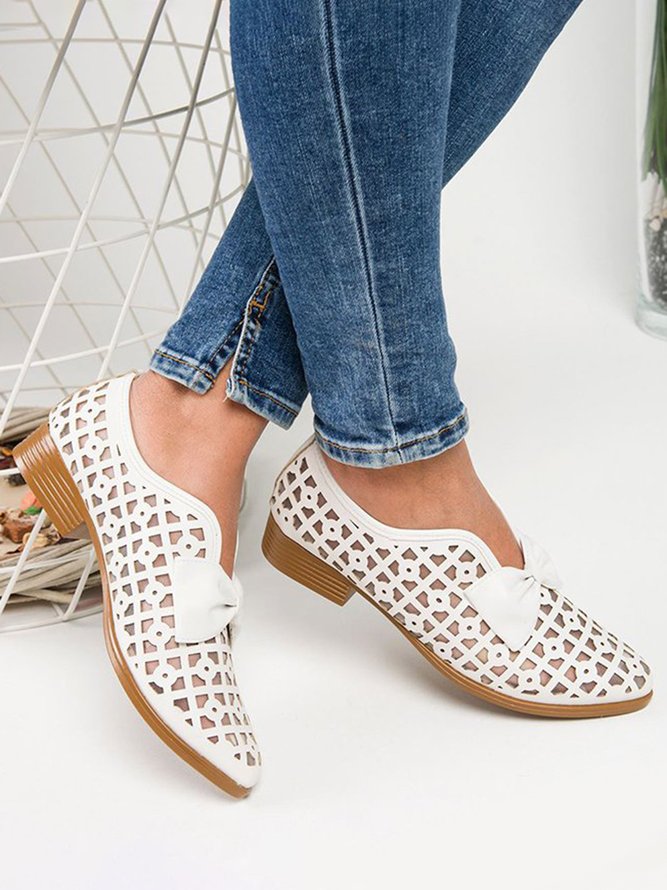 JFN  Women's Elegant Bowknot Hollow Out Chunky Heel Loafers